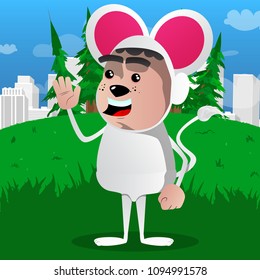 Boy dressed as mouse with waving hand. Vector cartoon character illustration.