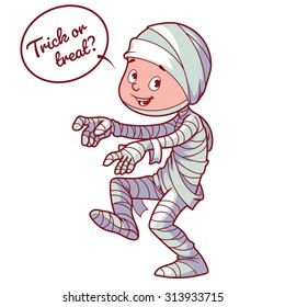 Boy dressed as a mummy for Halloween. Vector illustration on a white background.