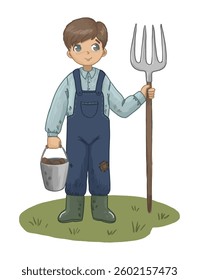 A boy dressed in overalls and rubber boots holds a pitchfork and a bucket, ready for garden work or farming.