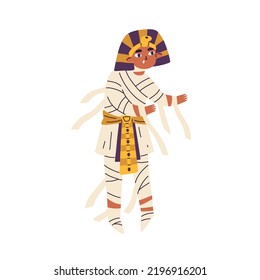 Boy dressed in pharaoh costume for Halloween holiday party. Child character walking, disguised in spooky creepy Egypt undead mummy. Childish flat vector illustration isolated on white background