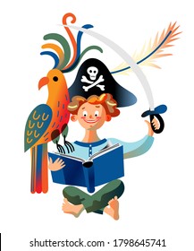 Boy dressed as pirate captain, reads book of sea adventures. Kid in hat with skull and crossbones sign, holds toy sword, parrot sits on shoulder. Vector character illustration of child literature