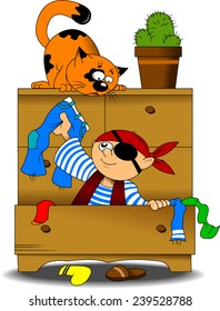 boy dressed as a pirate cleans his room, vector