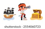Boy dressed as pirate, holding telescope, spyglass and saber, cutlass, wearing headband, bandana, stands beside treasure chest and pirate ship, corsair vessel.