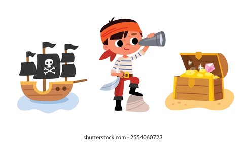 Boy dressed as pirate, holding telescope, spyglass and saber, cutlass, wearing headband, bandana, stands beside treasure chest and pirate ship, corsair vessel.