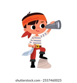 Boy dressed as pirate, holding telescope, spyglass and saber, cutlass, wearing headband, bandana, stands up straight.