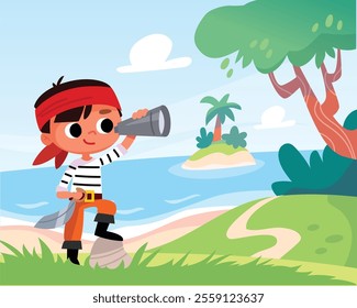 Boy dressed as pirate stands up straight on sea shore with treasure island in background, holding telescope, spyglass and saber, cutlass, wearing headband, bandana. Tiny little island with palm trees.