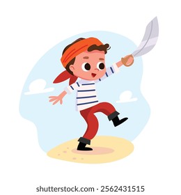 Boy dressed as pirate walking, holding saber, cutlass, wearing headband, bandana, stands up straight.