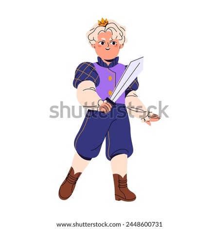 Boy dressed in prince costume for Halloween masquerade. Cute child wearing royal suit in carnival. Kid in crown holds children's sword in hand. Flat isolated vector illustration on white background