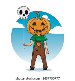 boy dressed as a pumpkin with a balloon of a skull in his hand. Cartoon halloween