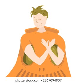 
Boy dressed in a pumpkin cloak. Cartoon character in the image of a pumpkin on holiday Halloween 