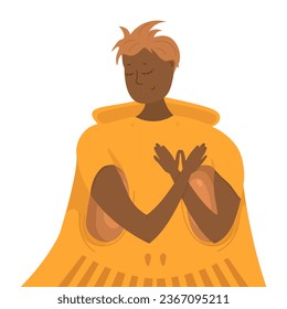 Boy dressed in a pumpkin cloak. Cartoon character in the image of a pumpkin on holiday Halloween 