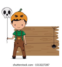 Boy dressed as pumpkin with a skull balloon in his hand. Space for text