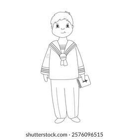 The boy dressed as a sailor in his first communion. Outline illustration.