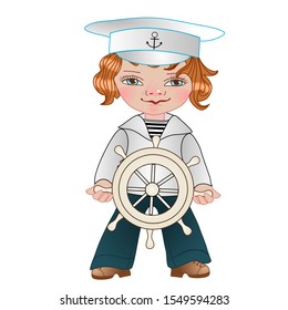 A boy dressed in a sailor suit, cap and flared pants, stands and holds on to the helm, color vector illustration