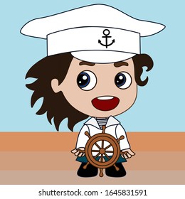 Un niño vestido con un traje de marinero, gorra y pantalones quemados, se para y se sujeta al timón, emoticono vector de color