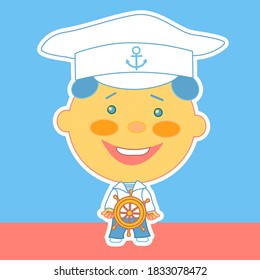 A boy dressed in a sailor suit, cap and flared pants, stands and holds on to the helm, color vector emoticon on isolated background