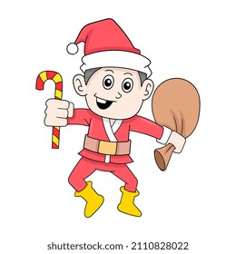 boy dressed in santa claus brings candy cane happily, vector illustration art. doodle icon image kawaii.