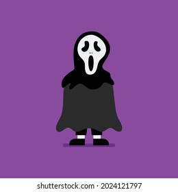 Boy dressed in scary ghost costume. Halloween holiday party. Vector illustration