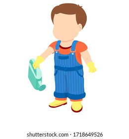 Boy dressed in a shirt, denim overall, watertight boots and gloves holds a watering can in the right hand. Concept of a child helping out with the work around the house or in the garden.