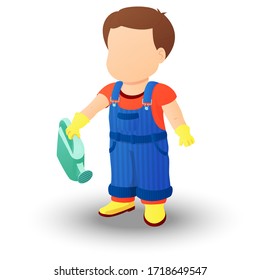 Boy dressed in a shirt, denim overall, watertight boots and gloves holds a watering can in the right hand. Concept of a child helping out with the work around the house or in the garden.