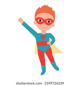Boy dressed in a superhero costume. Carnival, children's party. Vector illustration on a white background.