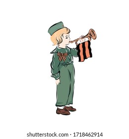 Boy dressed in soldier’s uniform with St. George ribbon and forage-cap playing the trumpet congratulating on Victory Day. Drawing for greeting card with patriotic Russian holiday on May 9.