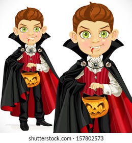 Boy dressed as a vampire with a basket for sweets