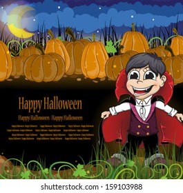  Boy dressed as a vampire and  pumpkins with leaves and sprouts. Abstract Halloween background