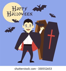A boy dressed as a vampire reaches out to the tomb. Bats fly. Vector illustration.