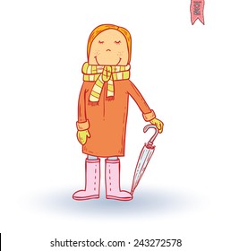 boy dressed for weather rain, vector illustration.