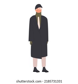 Boy dressed in winter clothes. Warm long coat, fashion for cold season vector illustration