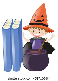 Boy dressed up as witch mixing the brew illustration