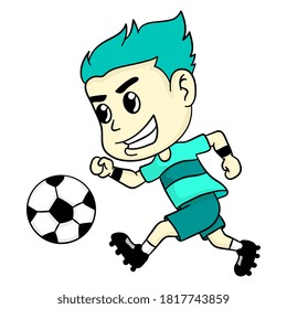 a boy is dribbling a ball. cartoon illustration cute sticker