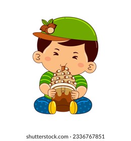 boy drinking coffee almond ice cream