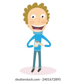Boy drinking hot chocolate. Vector illustration.