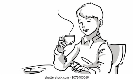 The boy drinking hot tea or coffee while sitting at the table. Breakfast. Black and white vector sketch. Simple drawing.