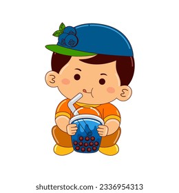 boy drinking iced blueberry bubble tea