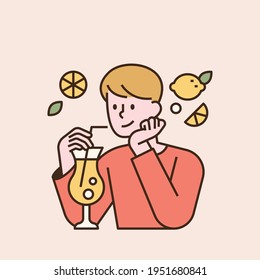 A boy is drinking lemonade. flat design style minimal vector illustration.