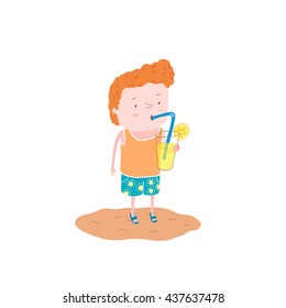 Boy drinking lemonade, vector illustration