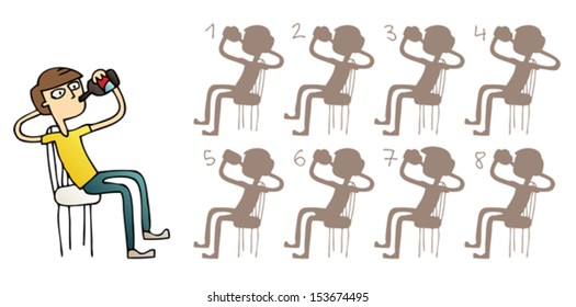 Boy Drinking Shadows Visual Game. Task: find the right shadow image! Answer: No. 3. Illustration is in eps8 vector mode!