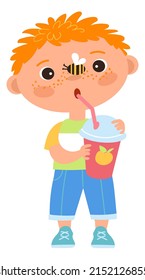 Boy drinking sweet juice or soda with straw. Funny cartoon character