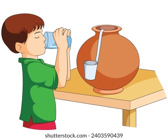 Boy Drinking Water from Water Pitcher Vector Illustration