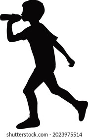 un niño bebiendo agua y corriendo, vector de silueta