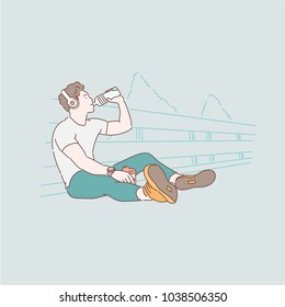 Boy drinking water while listening to music after jogging. hand drawn style vector doodle design illustrations. Boy drinking water while listening to music after jogging. hand drawn style vector doodle design illustrations.