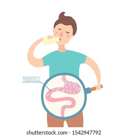 Boy drinking yogurt with probiotics bacteria in the gut. Probiotic through magnifying glass in flat style. Prebiotic, lactobacillus vector in yogurt. Dairy contains lactobacillus bacteria. - Vector 