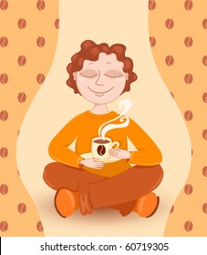 Boy drinks coffee. Vector illustration.