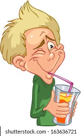 boy drinks juice with a sour face
