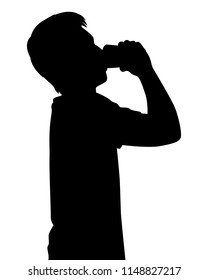 A boy drinks milk or water from glass  silhouette vector. Person food and drink concept.