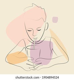 Boy Drinks with a Straw from Paper Cup, Face Line Art, Abstract Background Soft Colors. Vector Illustration.