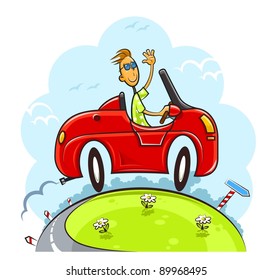 ilustração de vetor de carro de condução de menino isolado no fundo branco